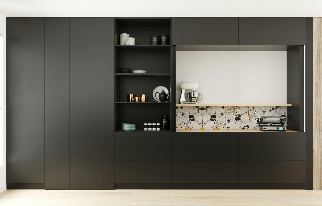 Moderne wandkast met minimalistisch design in zwart en wit, zwevend aan de muur bevestigd met hoogglans afwerking