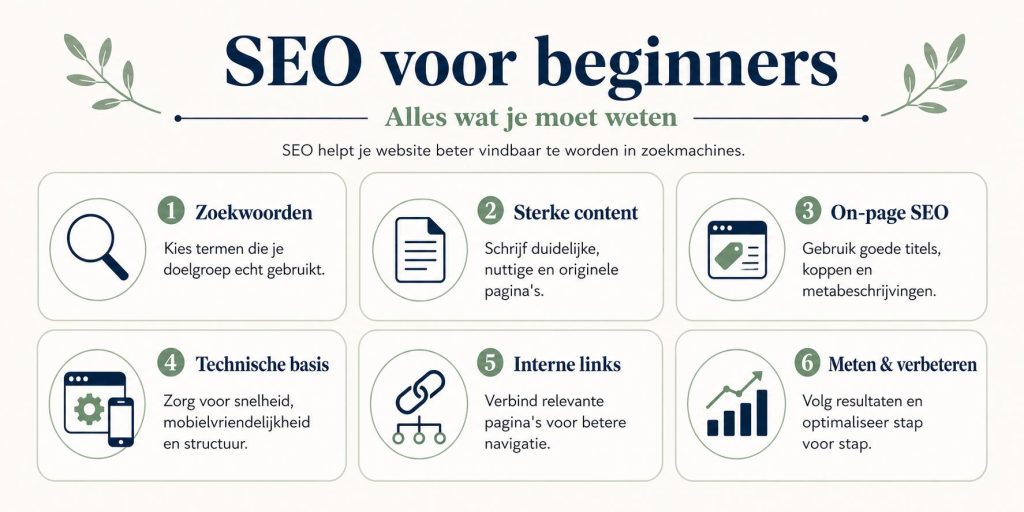 Infographic SEO voor beginners met de drie pijlers: technische SEO, content en autoriteit